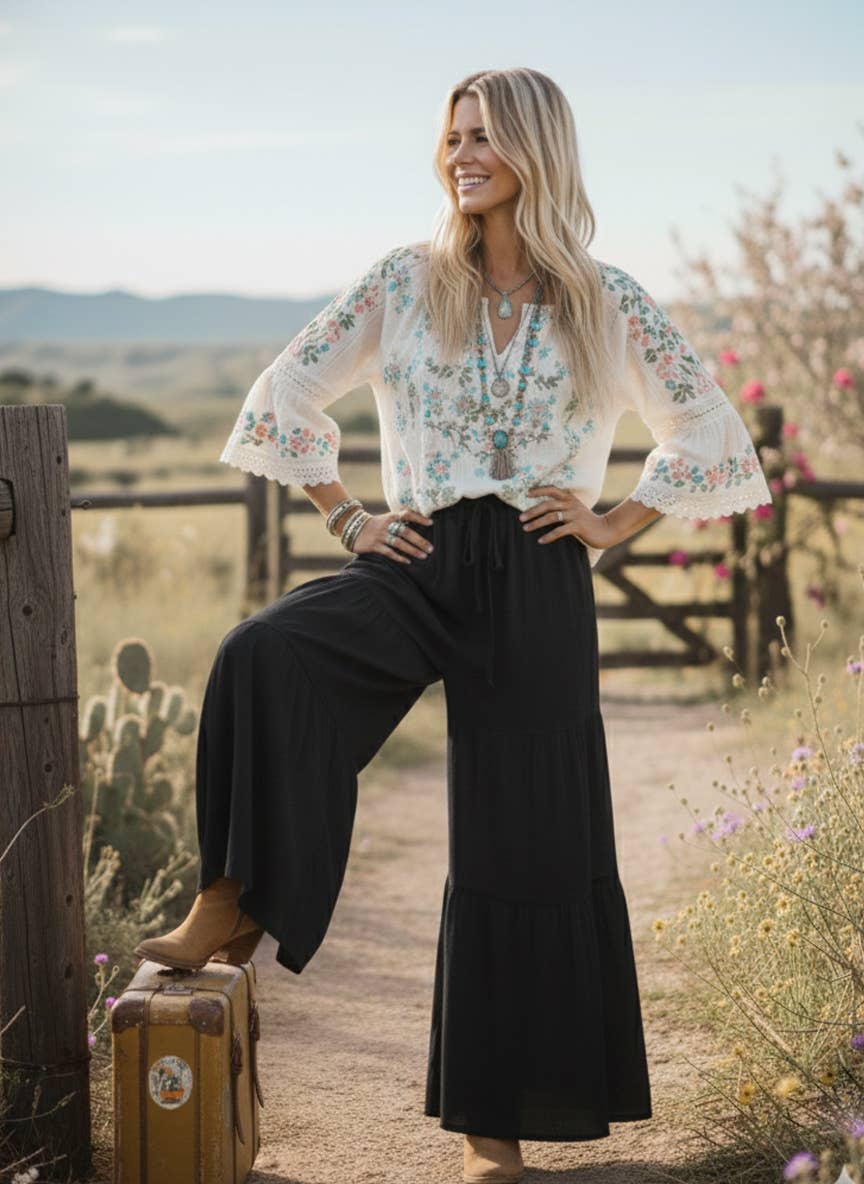 Sewn and Seen - Linen Blend Tiered Wide Leg Palazzo Pants