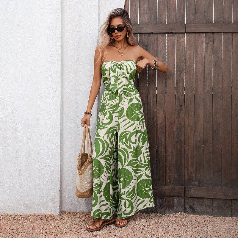Lovesoft - Women Strapless Tropical Print Wide Leg Jumpsuit Summer