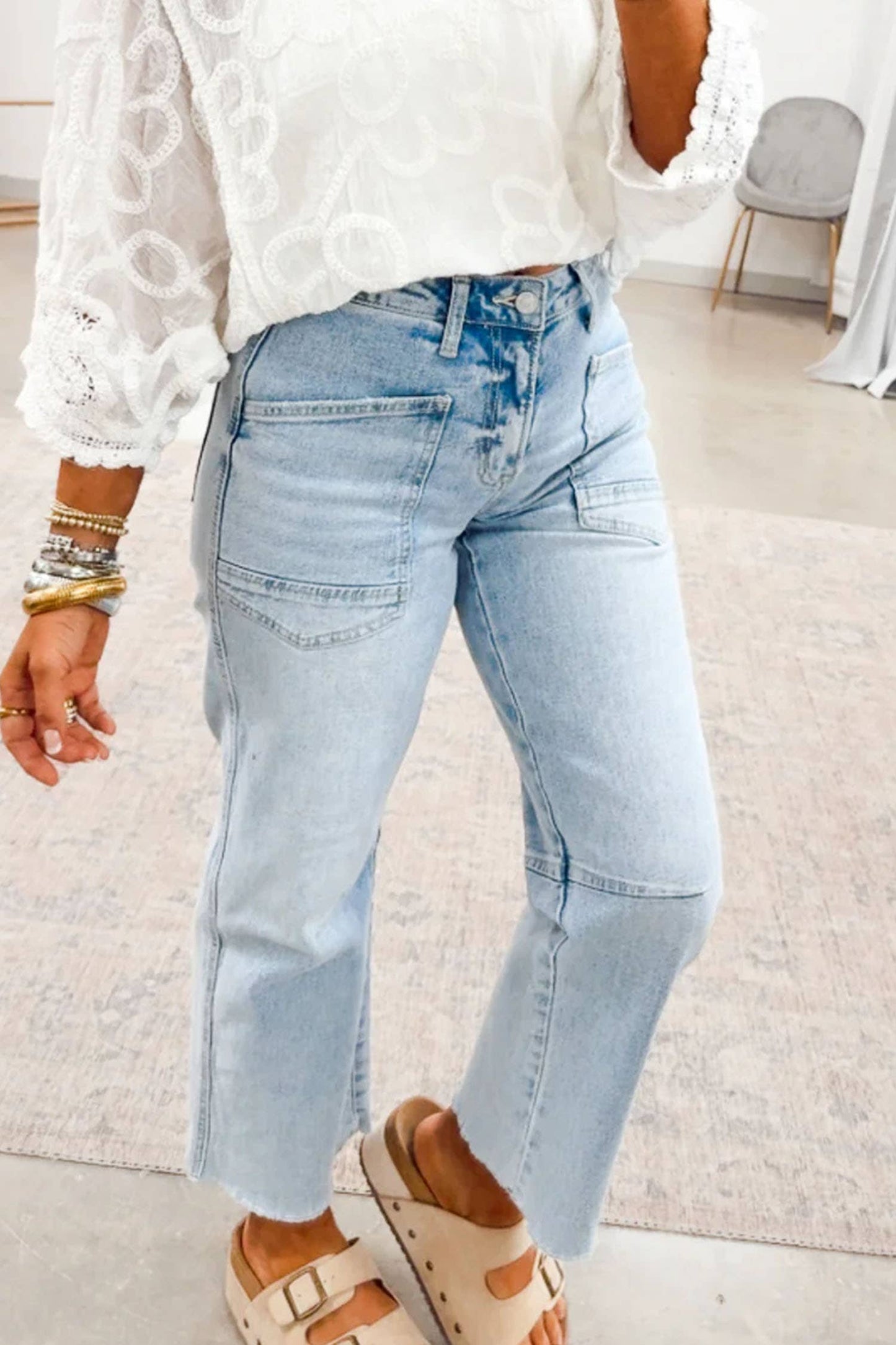 1 the Woman - Solid Frayed Regular Cropped Light Wash Jeans