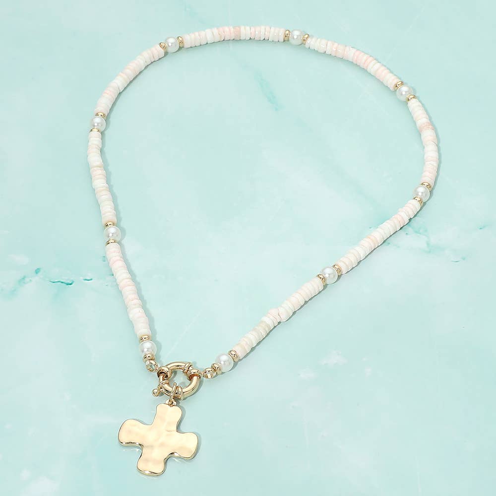 Sensibling Corp. - Hammered Metal Cross Charm Pendant Accent Pearl Flat Beaded Necklace