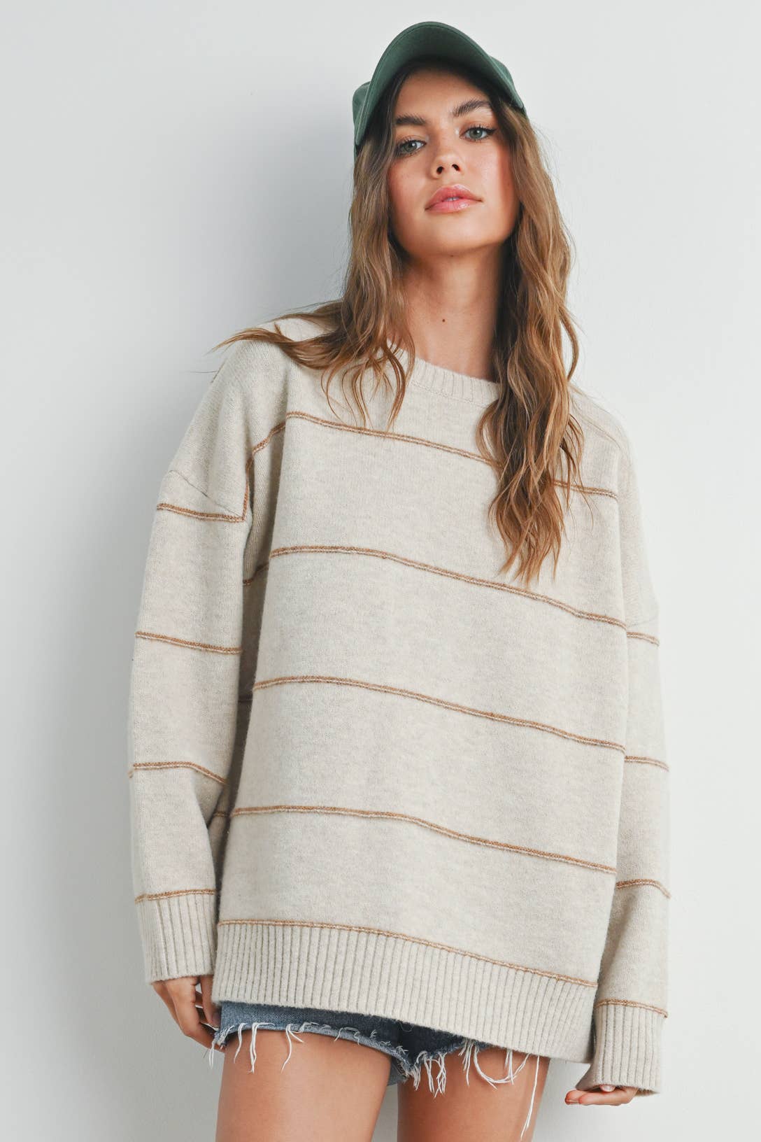 BUTTERMELON - Striped Pattern Drop Shoulder Sweater - BMW7421