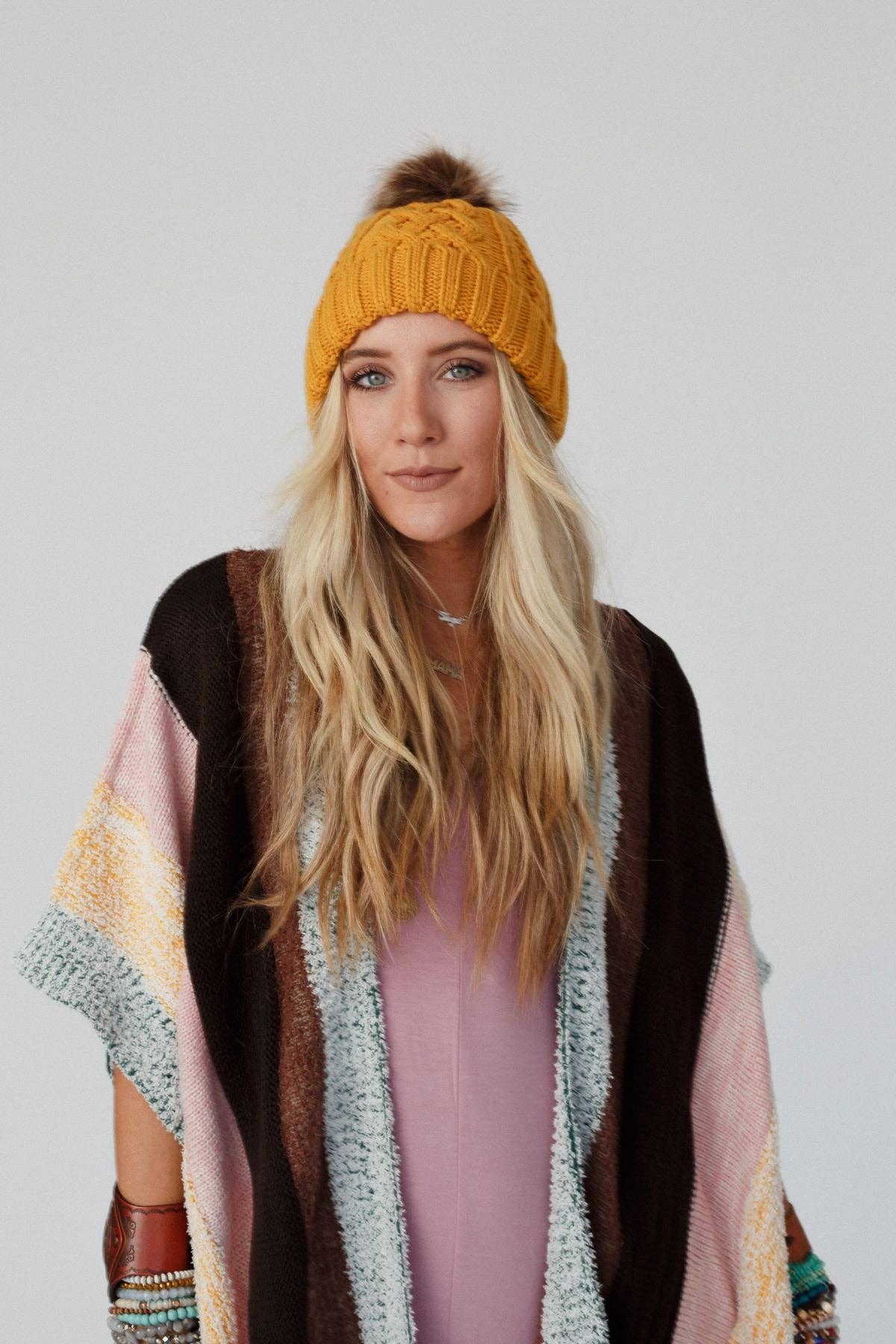 Three Bird Nest - Cable Knit Faux Fur Pom Beanie - Mustard