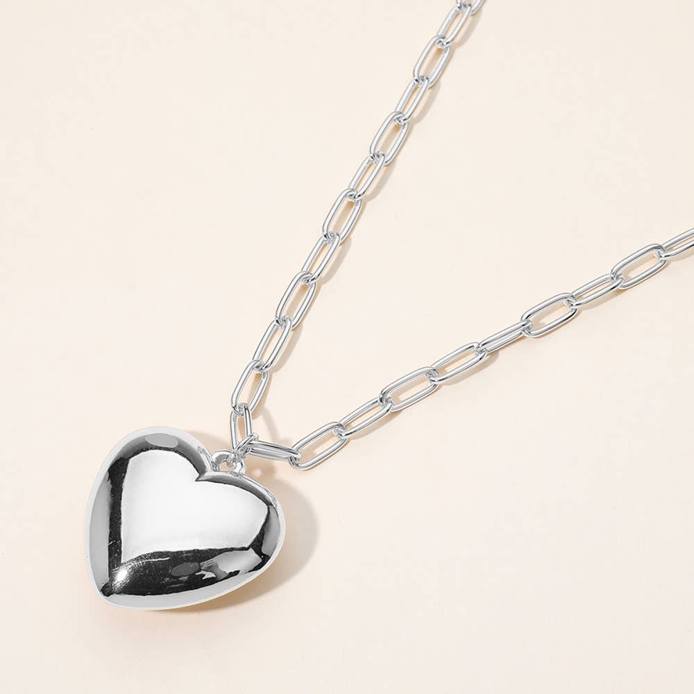 Sensibling Corp. - Metal Puffy Heart Pendant Paperclip Chain Long Necklace