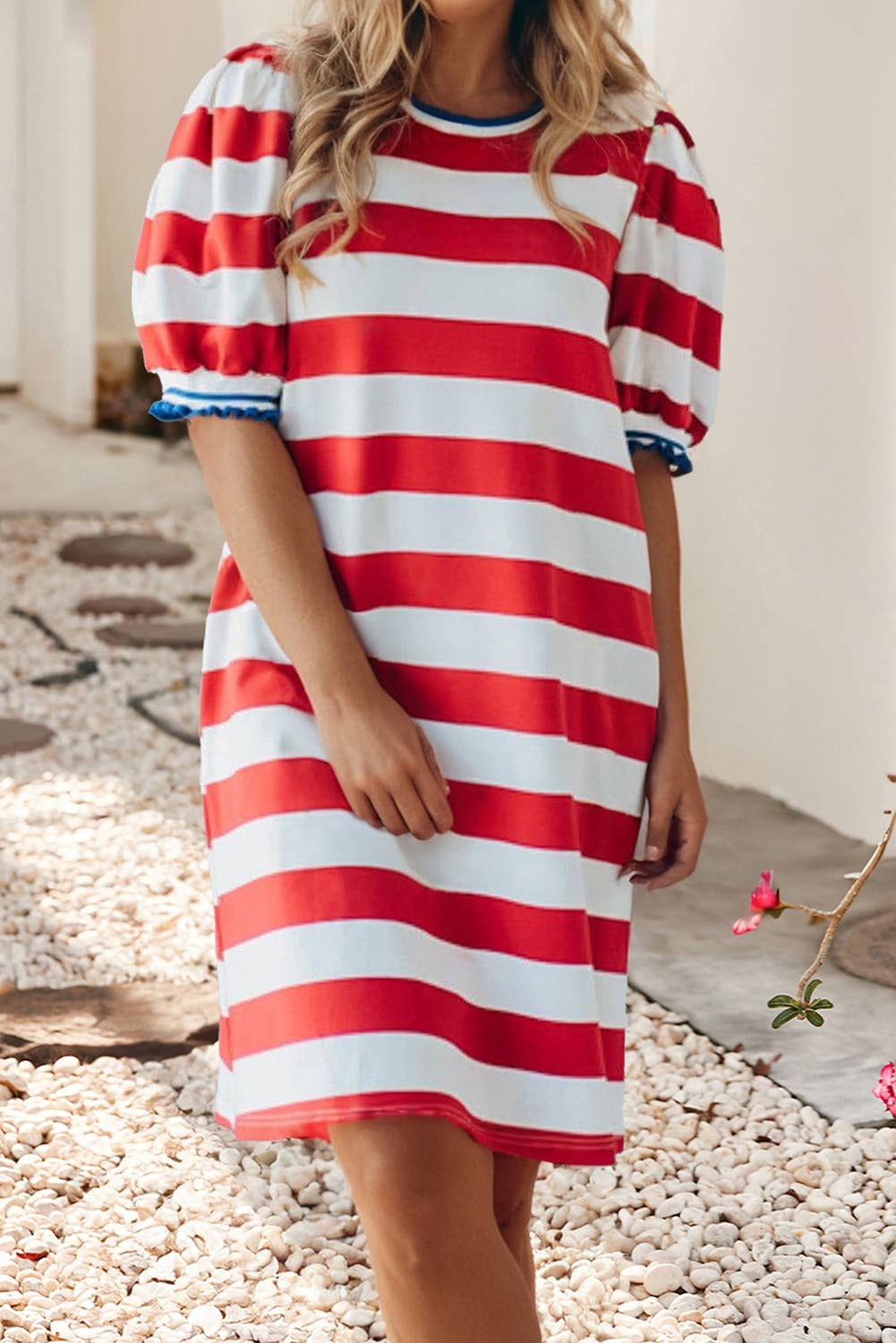 Little Daisy Closet - 4th of July Stripe Contrast Trim Puff Sleeve Shift Dress