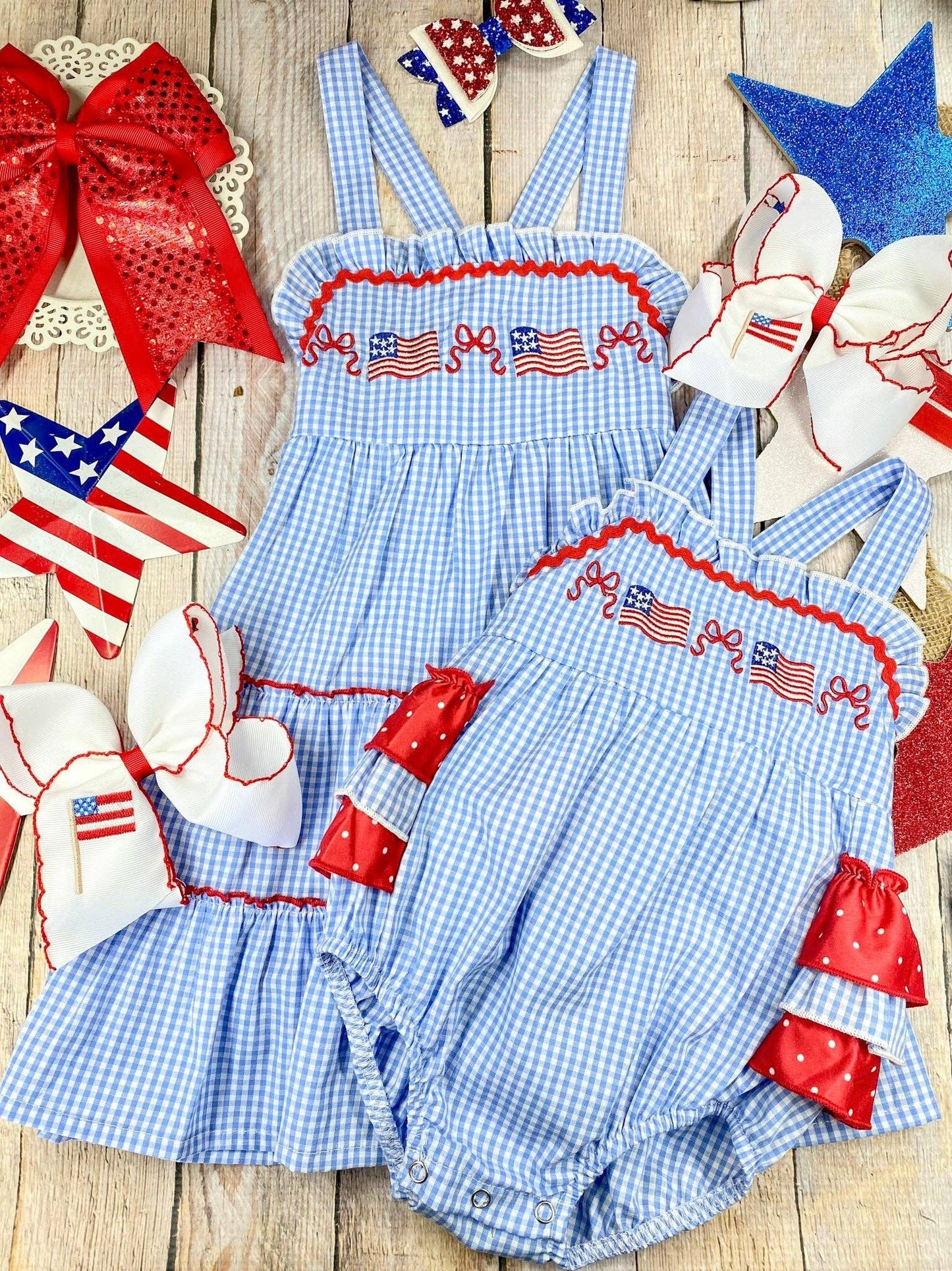 The Hair Bow Company - Blue Gingham American Flag Tiered Dress | Girls Patriotic Ruffle Dress