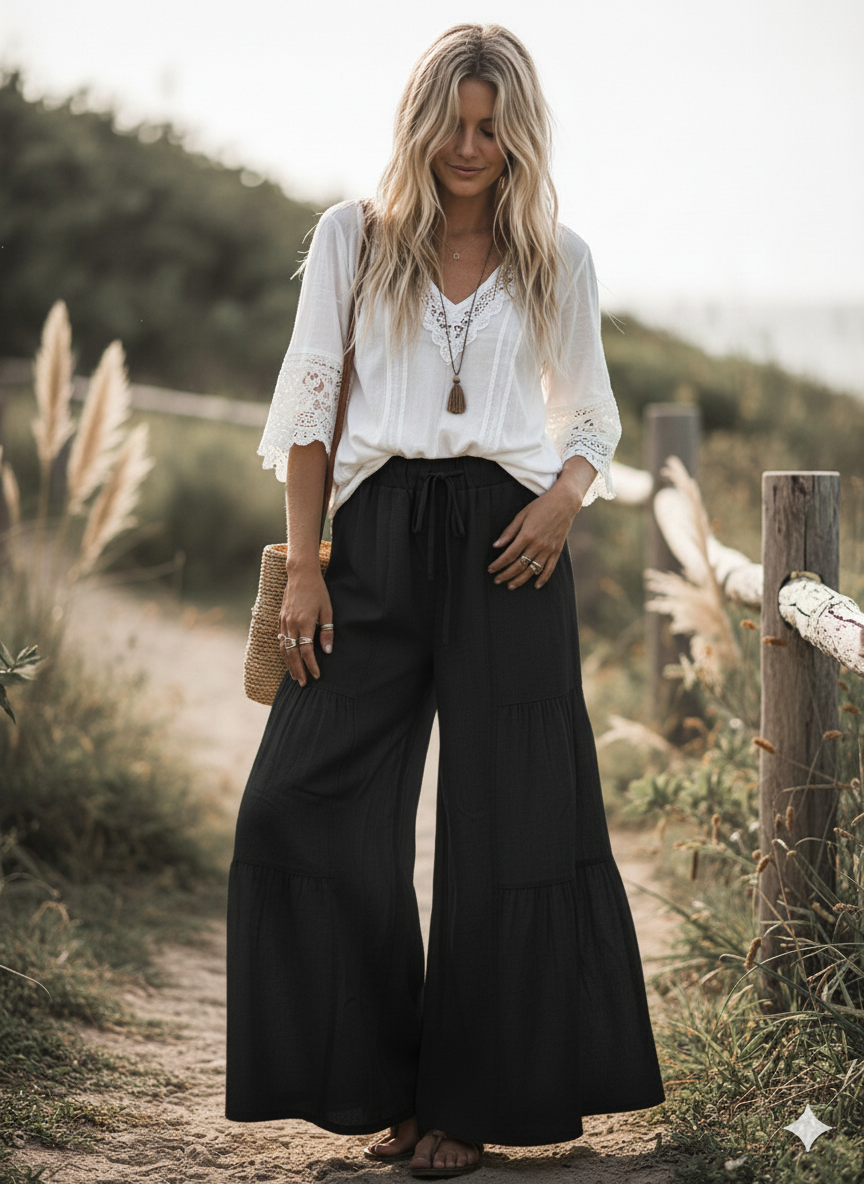 Sewn and Seen - Linen Blend Tiered Wide Leg Palazzo Pants