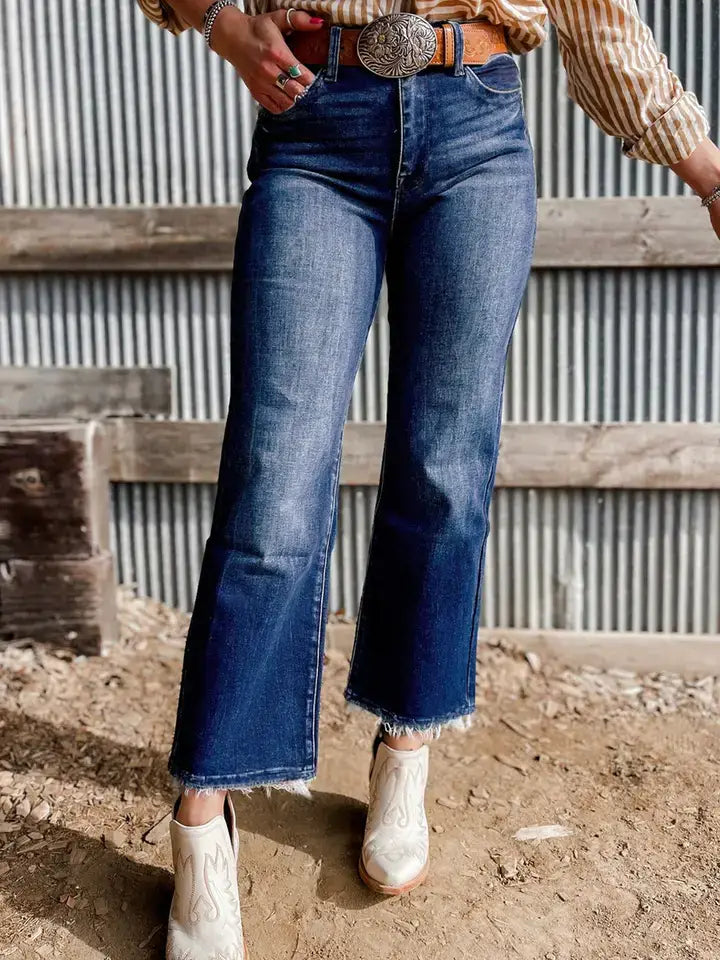 Lovesoft - Beau Blue Mineral Wash High-Waist Raw Hem Flared Jeans