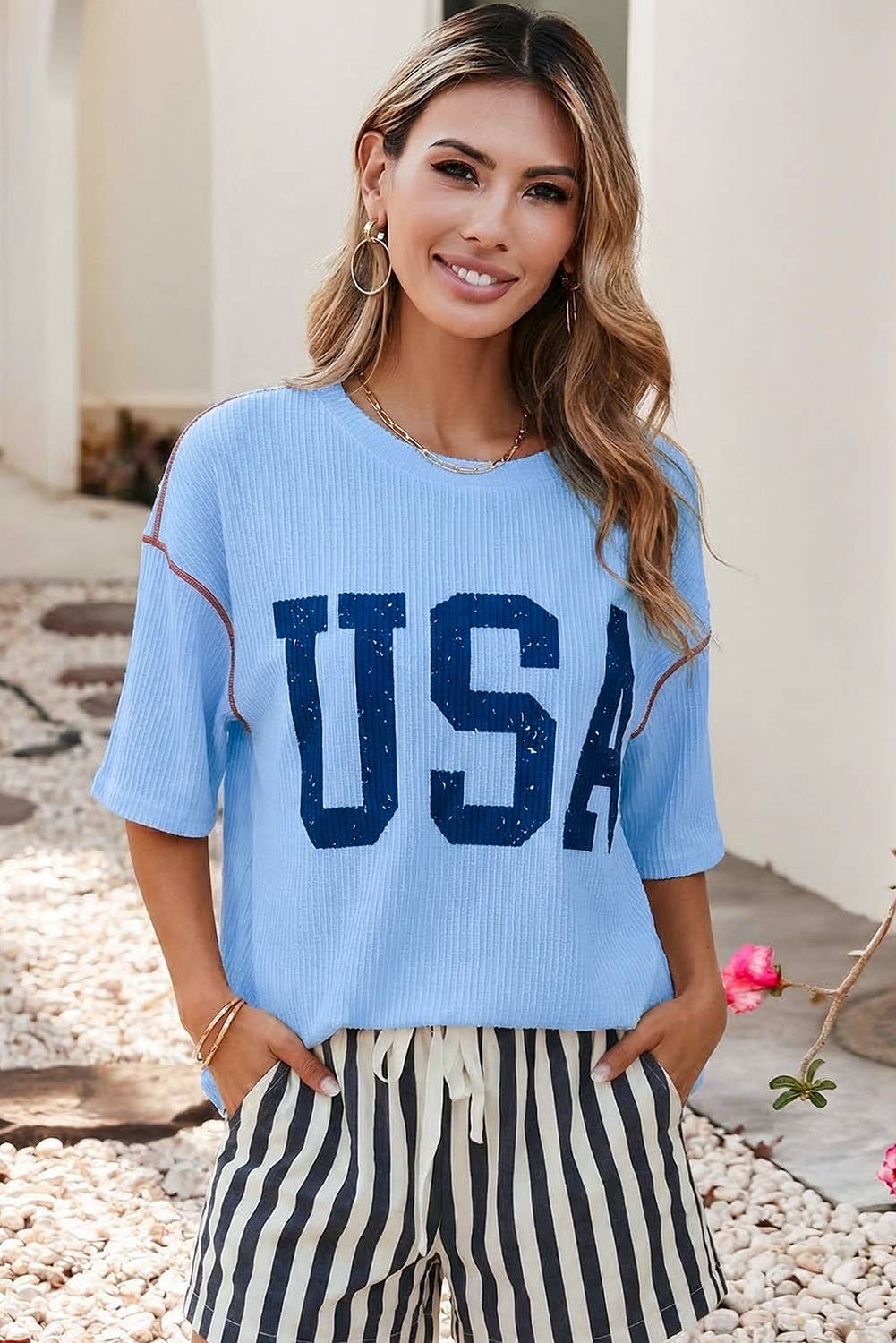 Little Daisy Closet - LDC 4th of July USA Graphic Half Sleeve Ribbed Top | S-4X