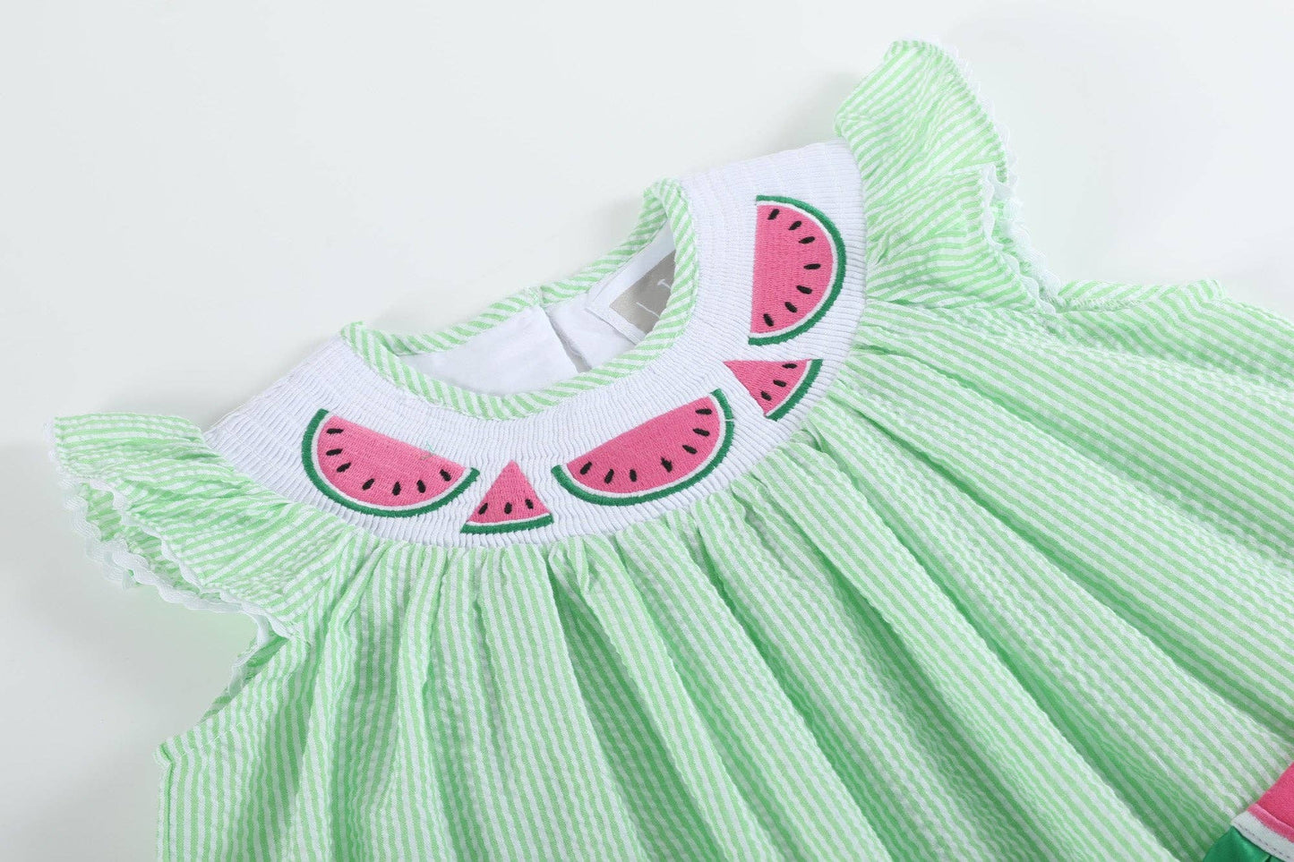 Lil Cactus - Green Seersucker Watermelon Smocked Bishop Dress
