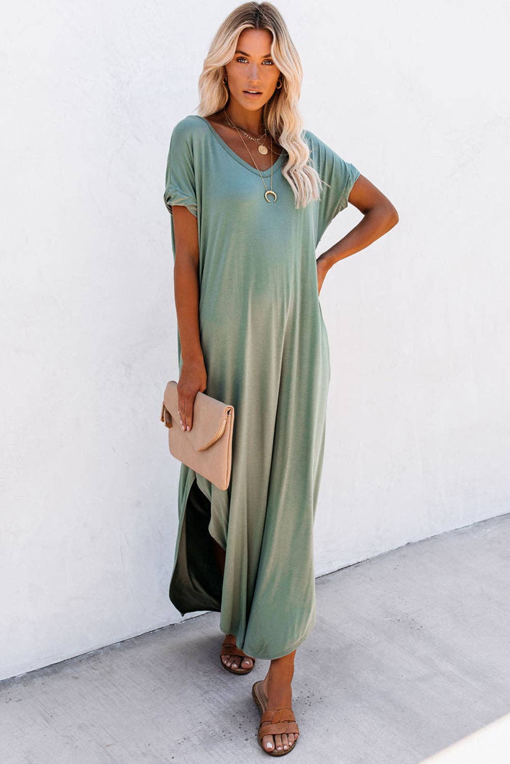 Lovesoft - V Neck Hidden Pocket Splits Maxi T-shirt Dress