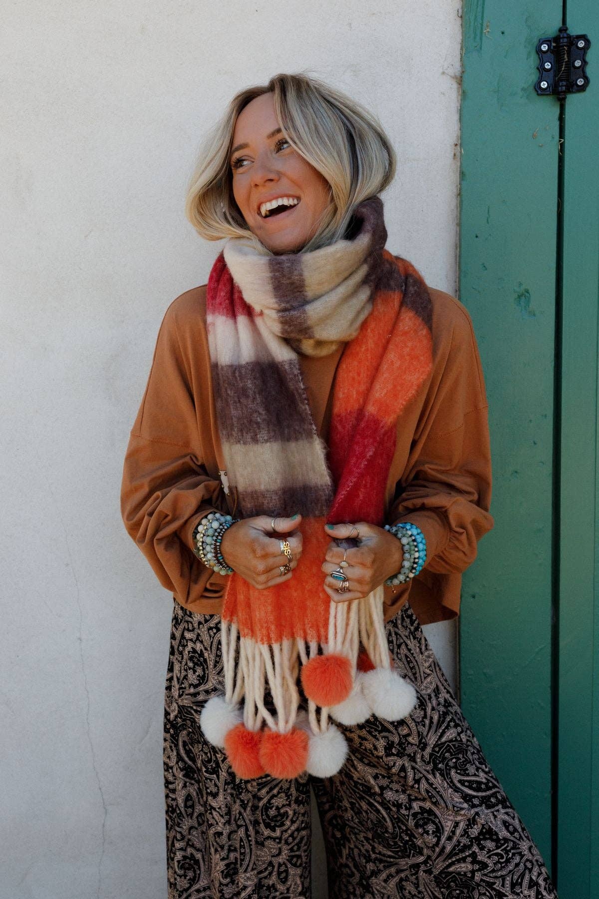 Three Bird Nest - Chill Stripe Pom Scarf - Orange