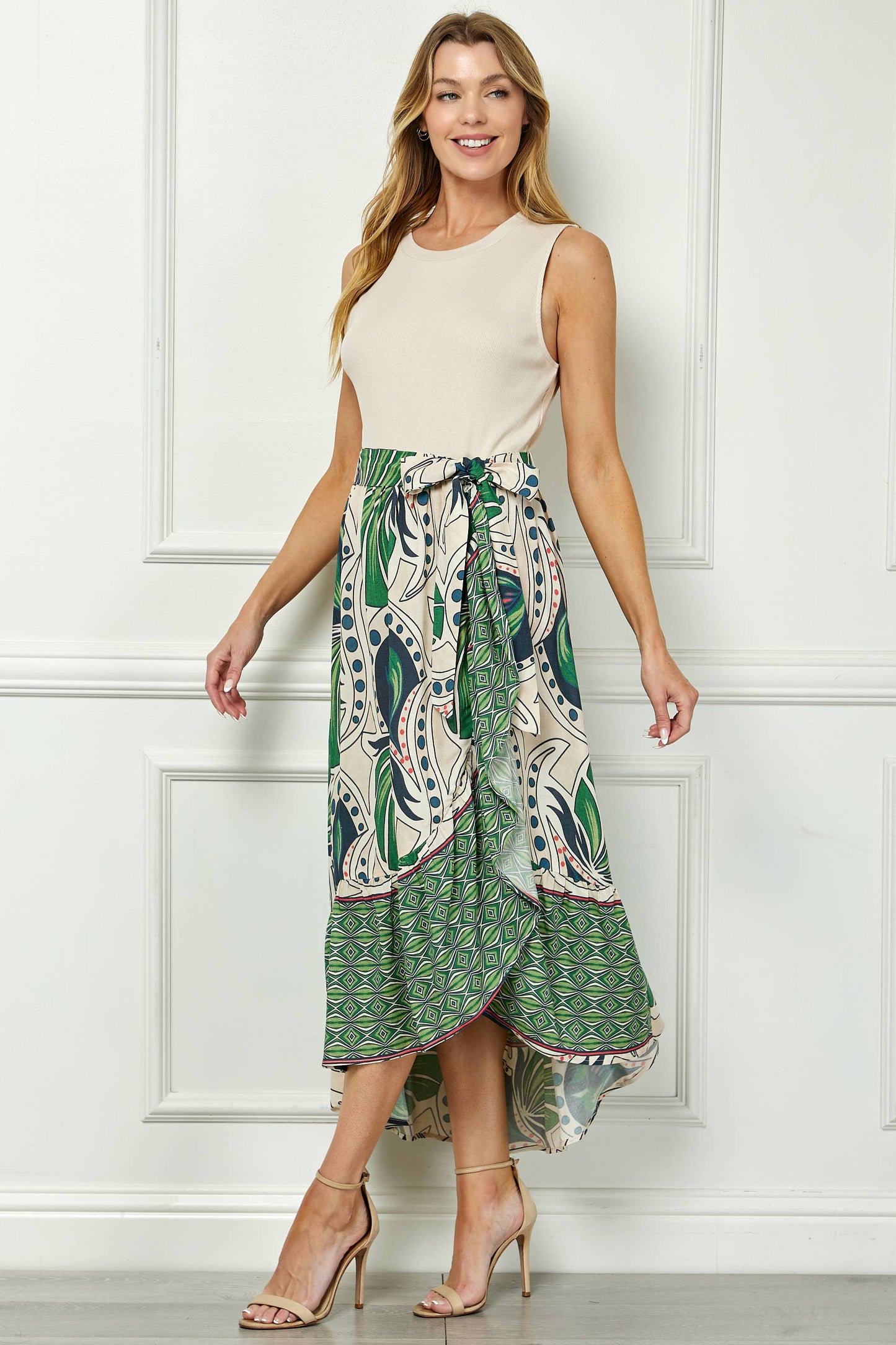 Winslow Collection - TROPIC TALES BELTED FAUX WRAP PRINTED DRESS WITH RUFFLE HEM