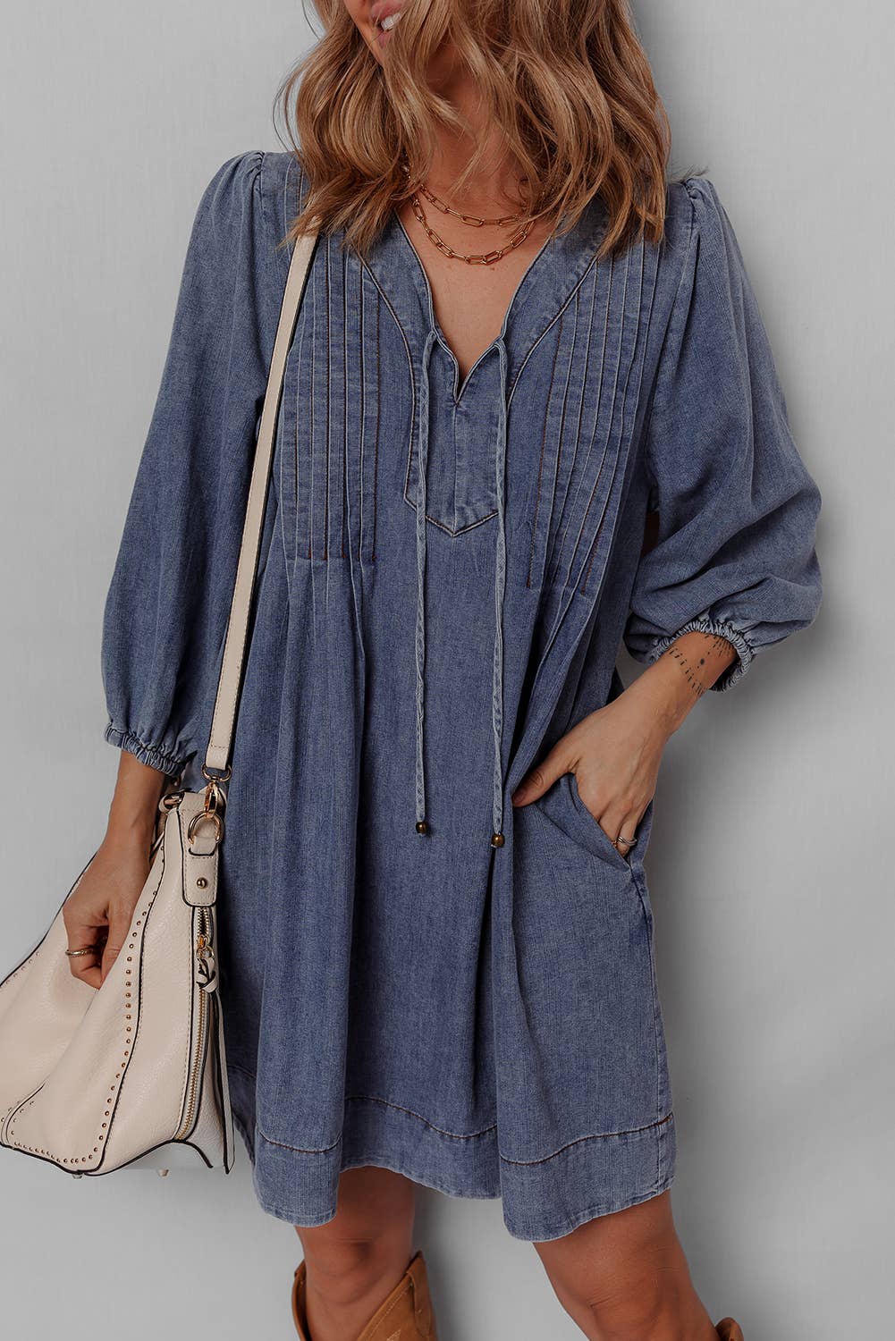 Little Daisy Closet -  LDC 3/4 Sleeve Tied V Neck Pleated Denim Mini Dress