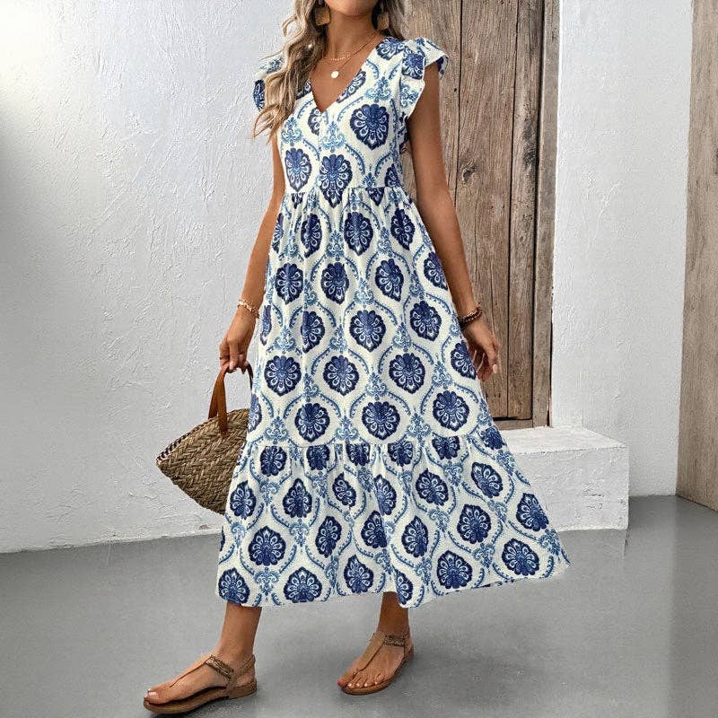 Lovesoft - Loose-Fit Deep V-Neck Floral Print Maxi Dress