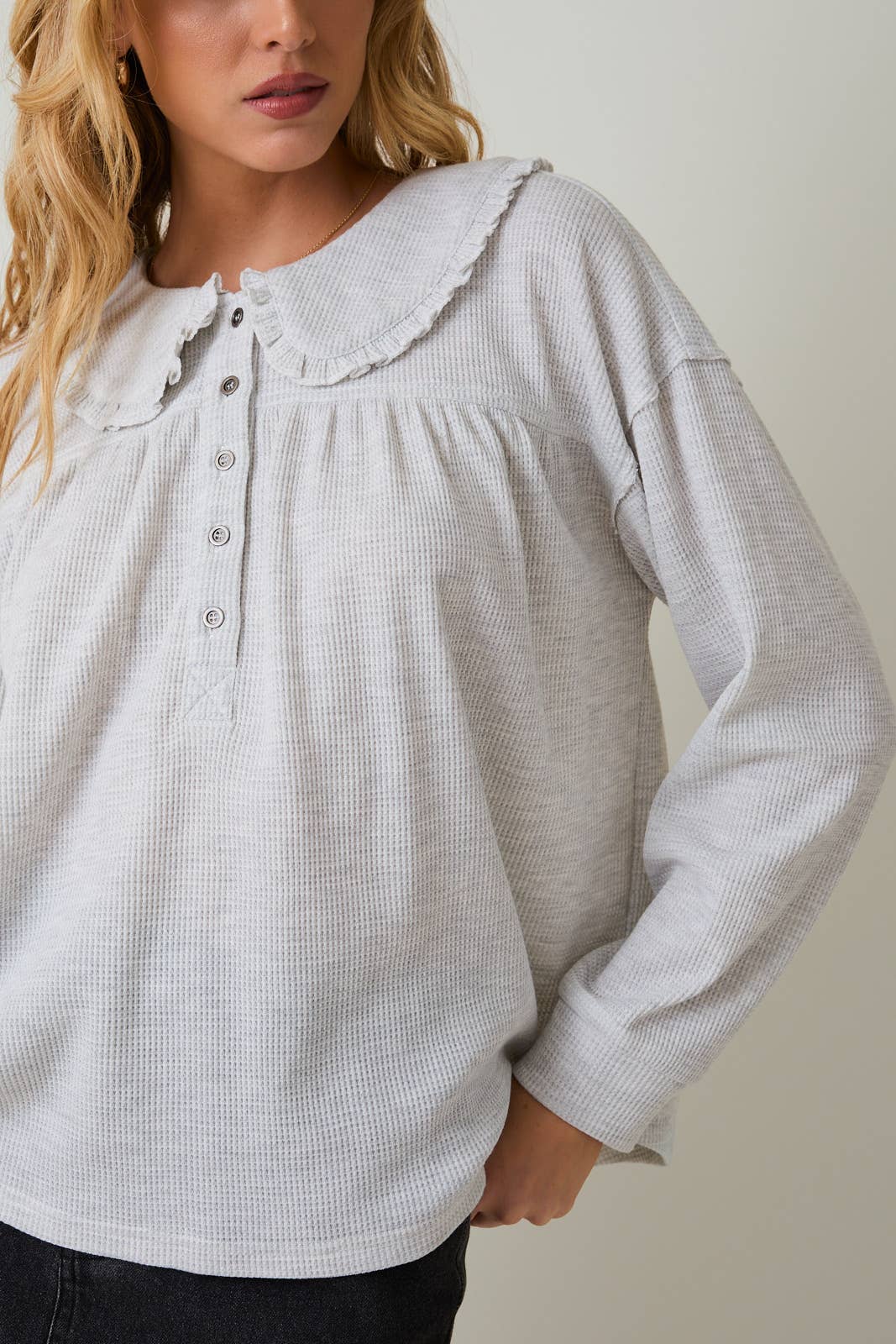 Sunday Edition by LE LIS - PETER PAN COLLARED THERMAL LONG SLEEVE BUTTON UP TOP