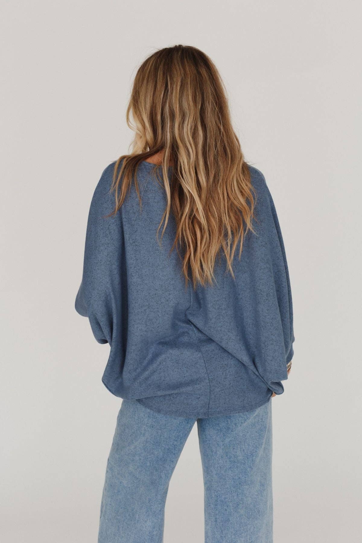 Three Bird Nest - Fly With Me Batwing Sleeve Knit Sweater - Dusty Blue