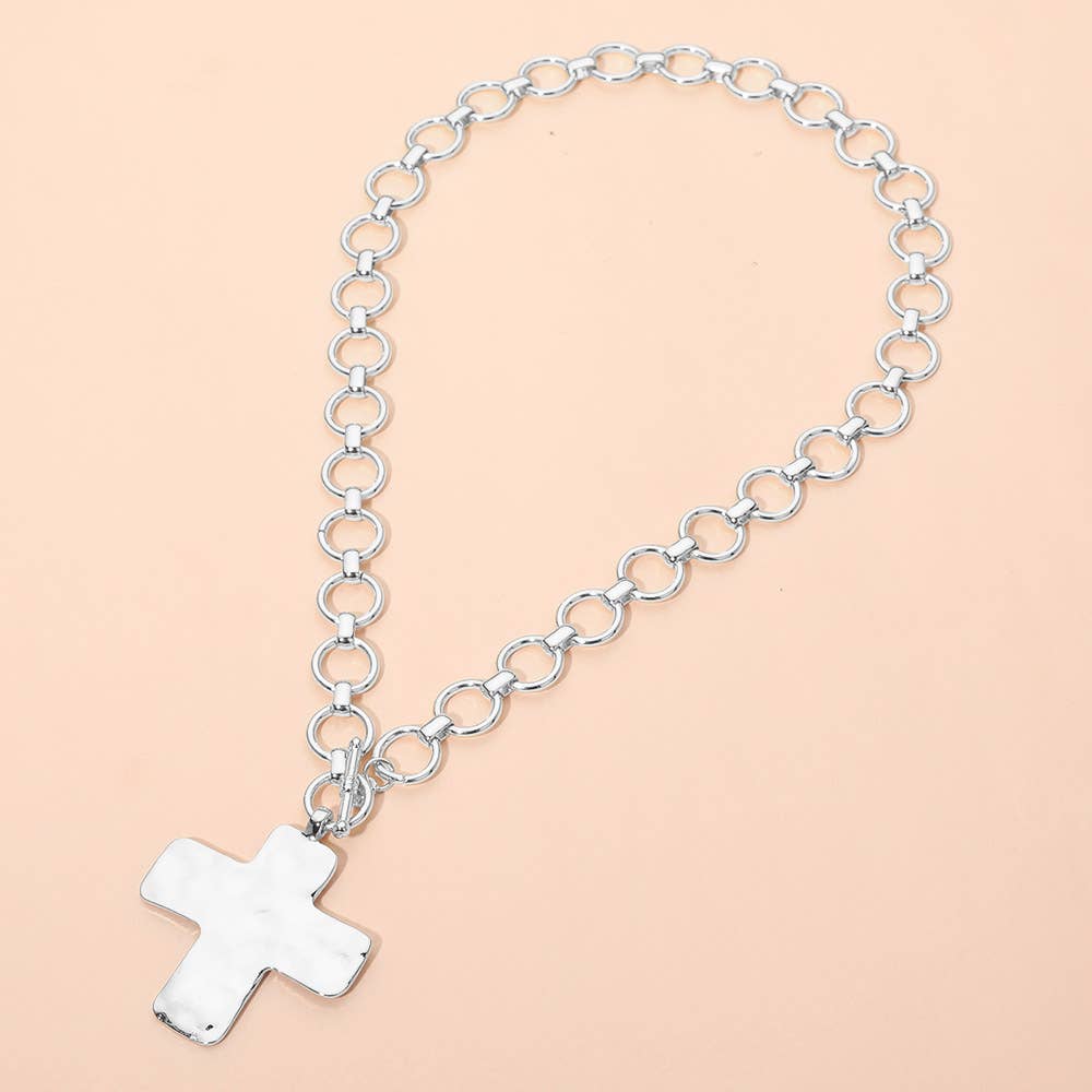Sensibling Corp. - Hammered Matte Metal Cross Pendant Chunky Chain Toggle Necklace