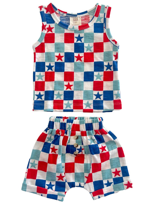 SIIX Collection - Red, White & Blue Checkerboard / Organic Tank & Short Set