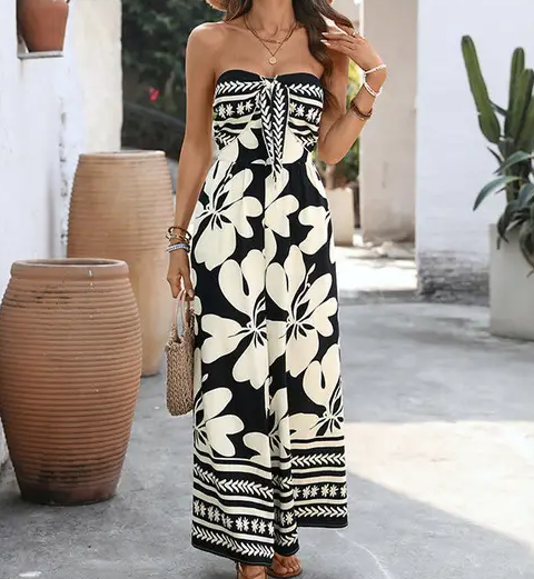 Lovesoft - Black Floral Strapless Backless Wide Leg Jumpsuit