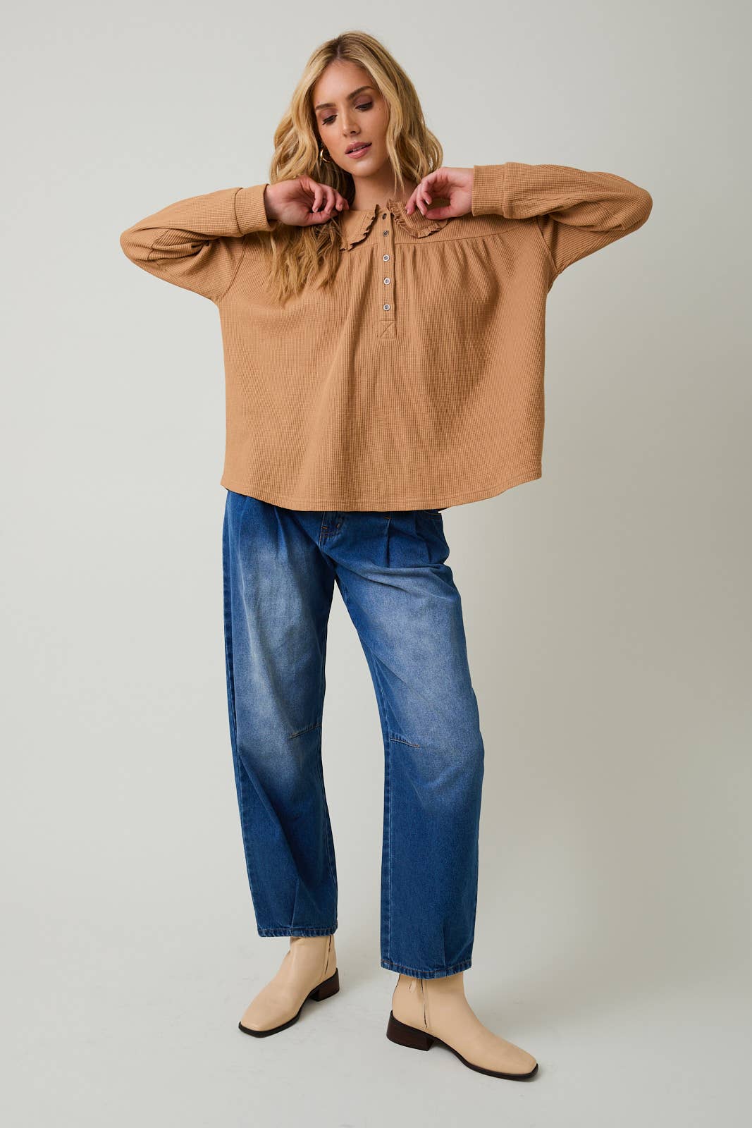 Sunday Edition by LE LIS - PETER PAN COLLARED THERMAL LONG SLEEVE BUTTON UP TOP