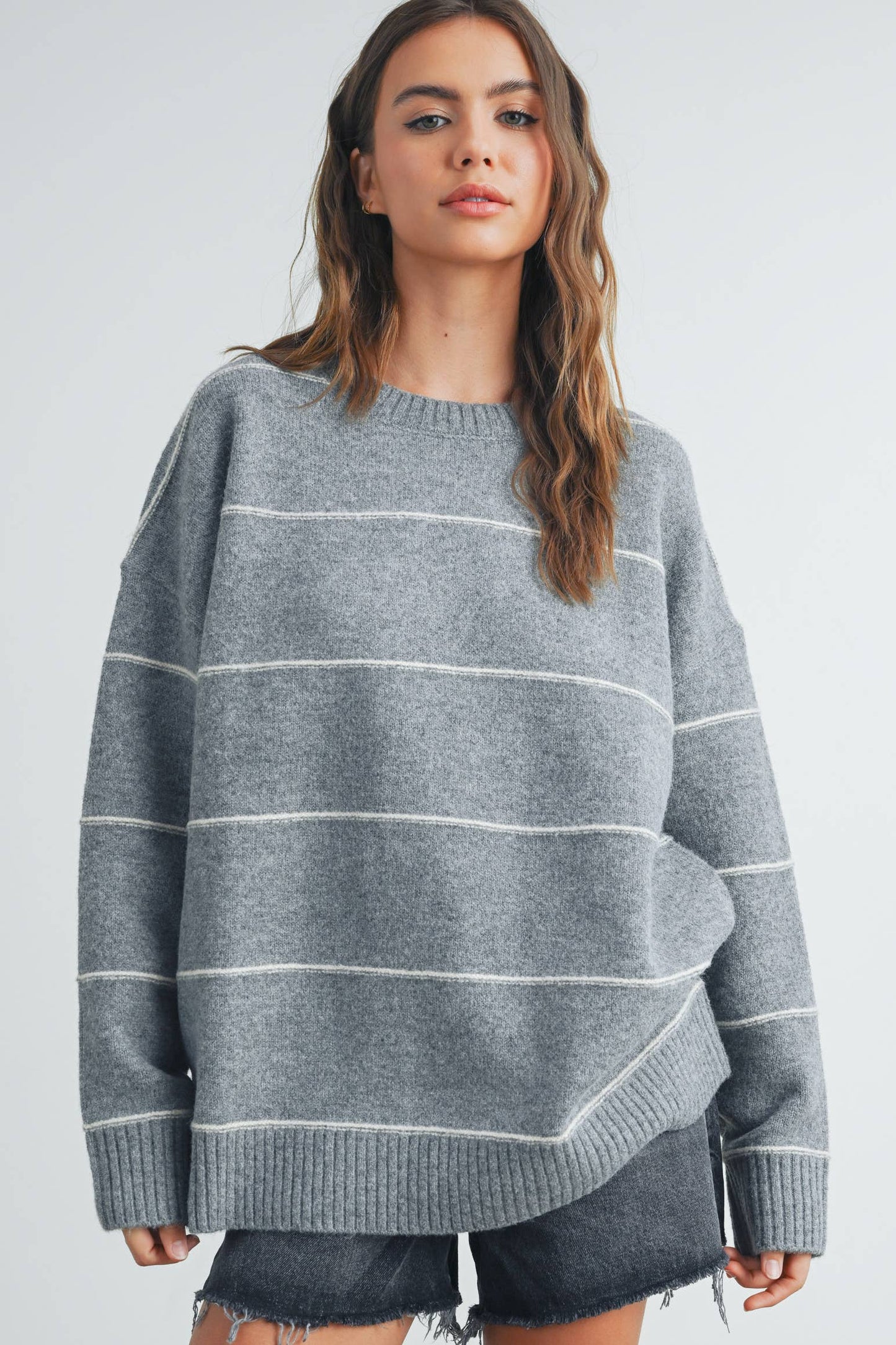 BUTTERMELON - Striped Pattern Drop Shoulder Sweater - BMW7421
