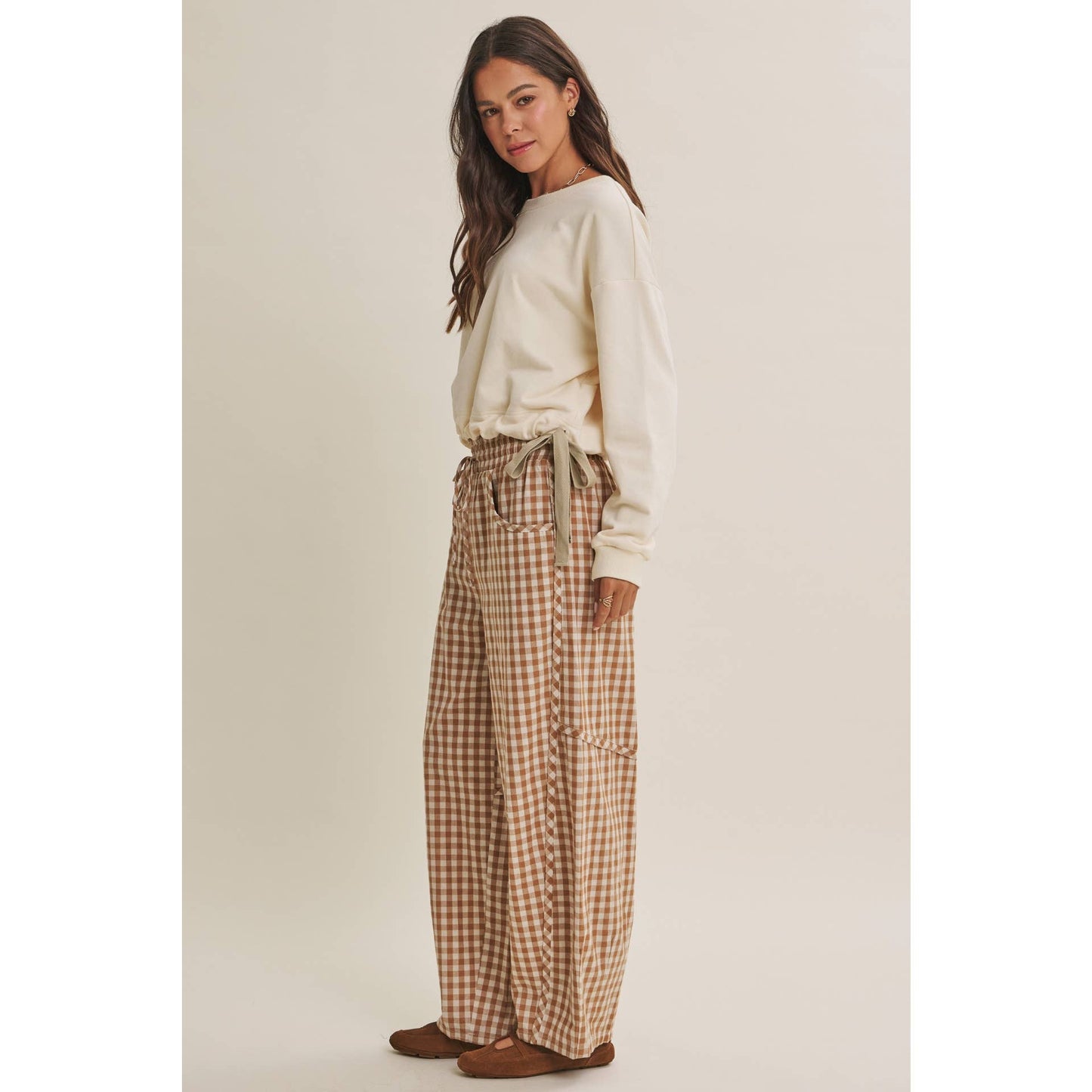 in february - EASY DAY RELAXED GINGHAM COTTON BARREL LEG PANTS