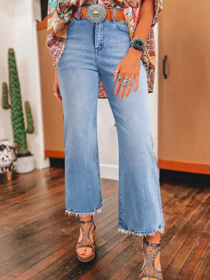 Lovesoft - Beau Blue Mineral Wash High-Waist Raw Hem Flared Jeans