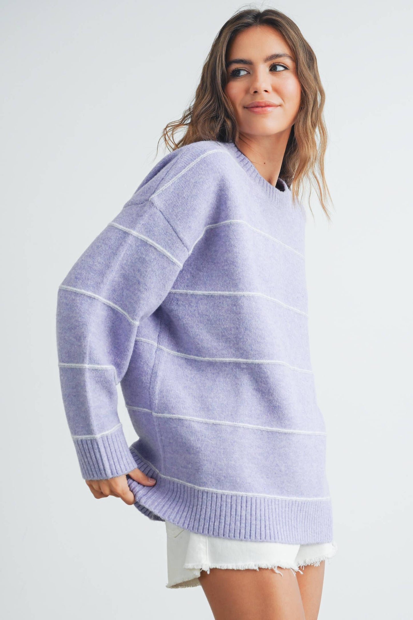 BUTTERMELON - Striped Pattern Drop Shoulder Sweater - BMW7421