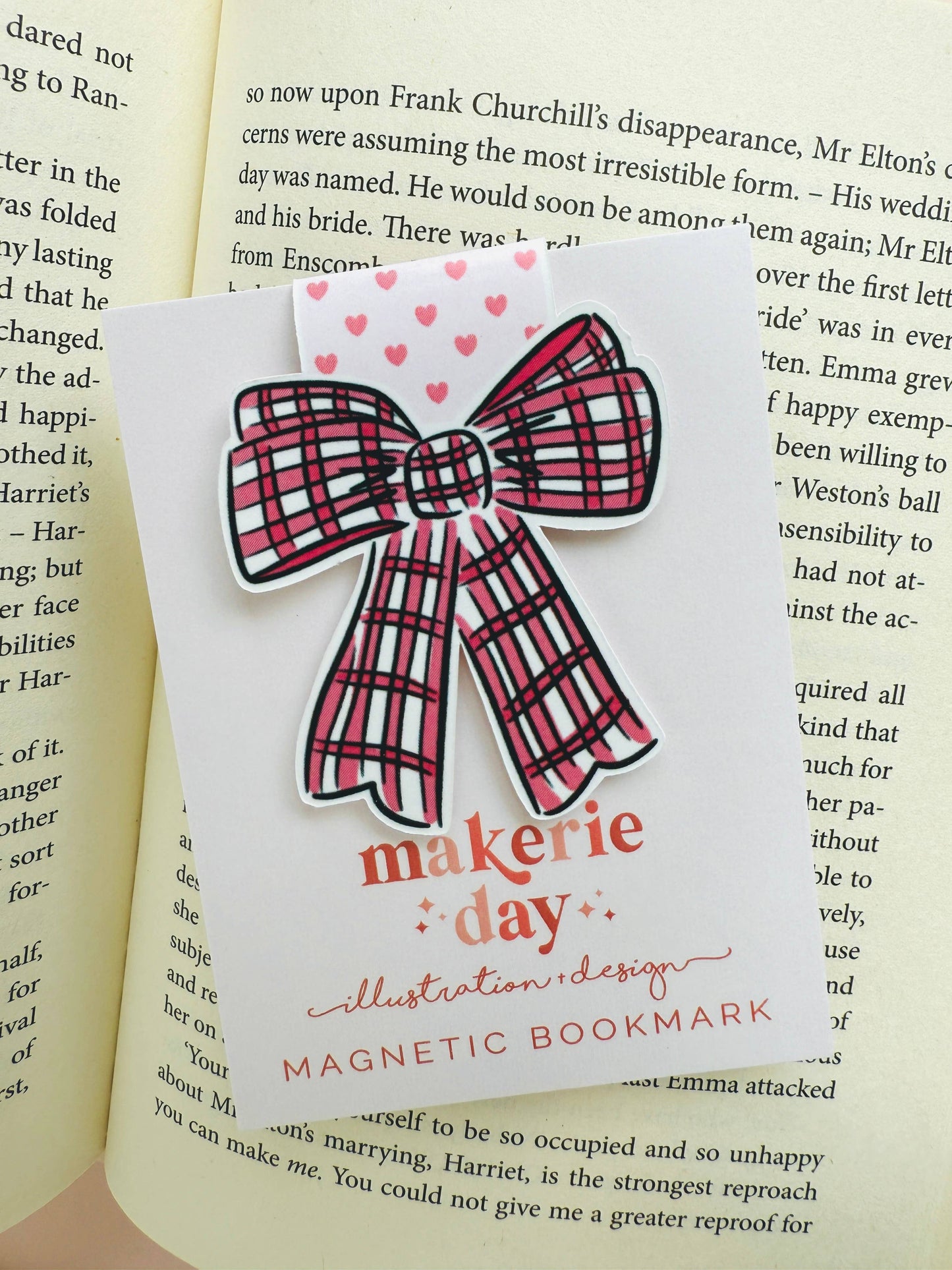 Makerie Day - Pink Plaid Bow Magnetic Bookmark