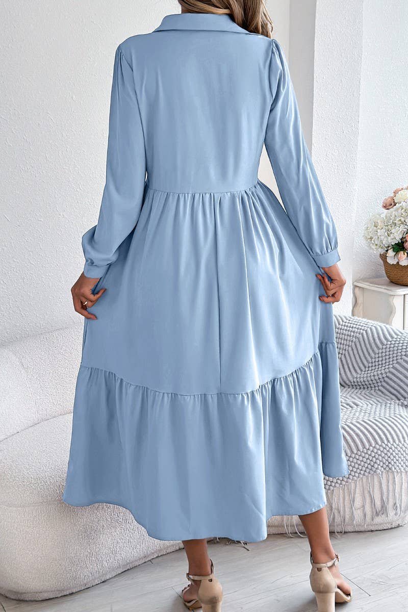 NINEXIS - CWDMD6027_LOOSE FIT RUFFLE TRIM LONG SLEEVE SHIRT DRESS