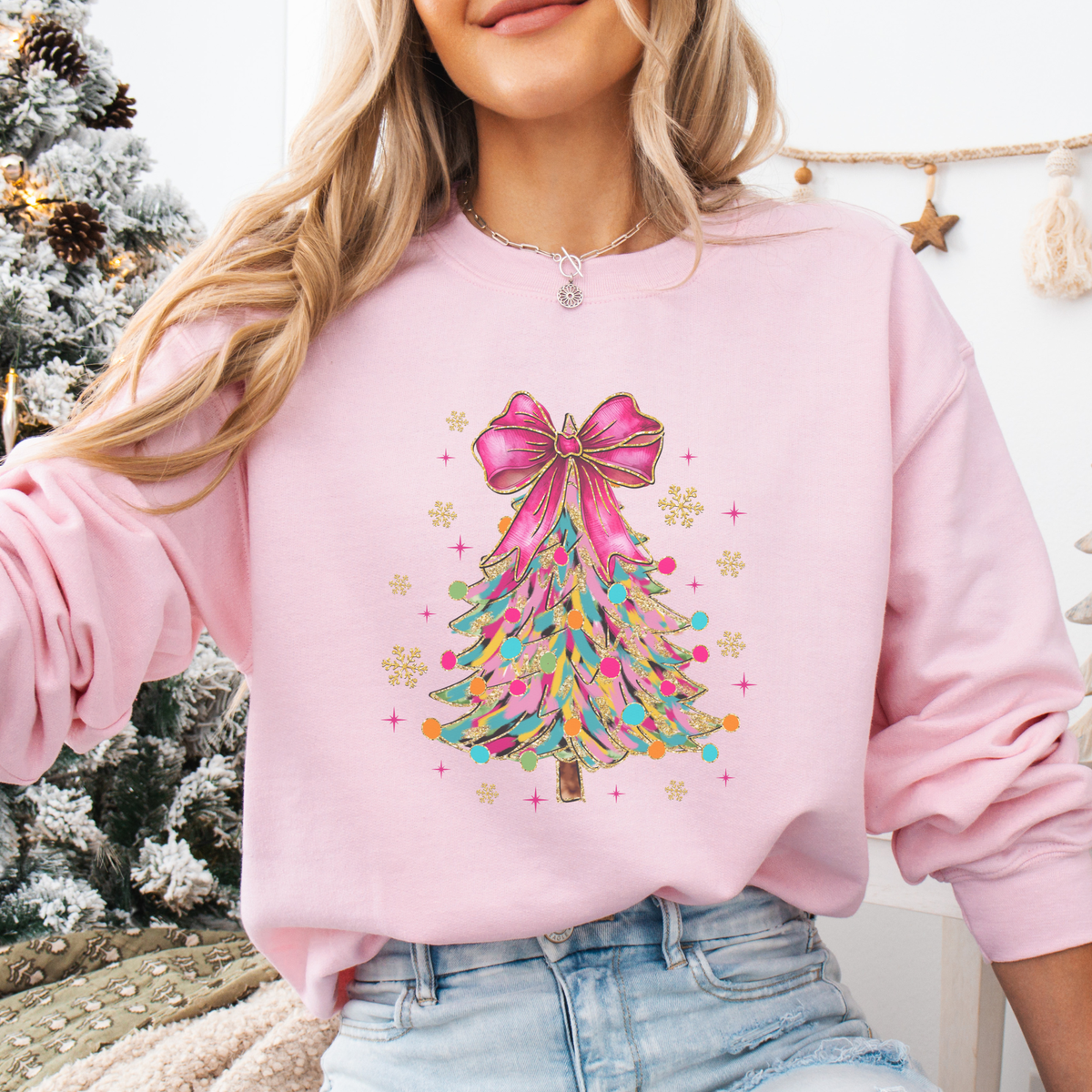Trendznmore - Modern Graphic Apparel - Bright Colorful Coquette Christmas Tree Crewneck Sweatshirt