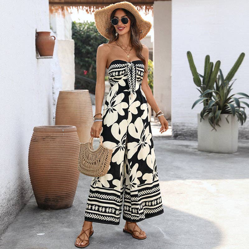 Lovesoft - Black Floral Strapless Backless Wide Leg Jumpsuit