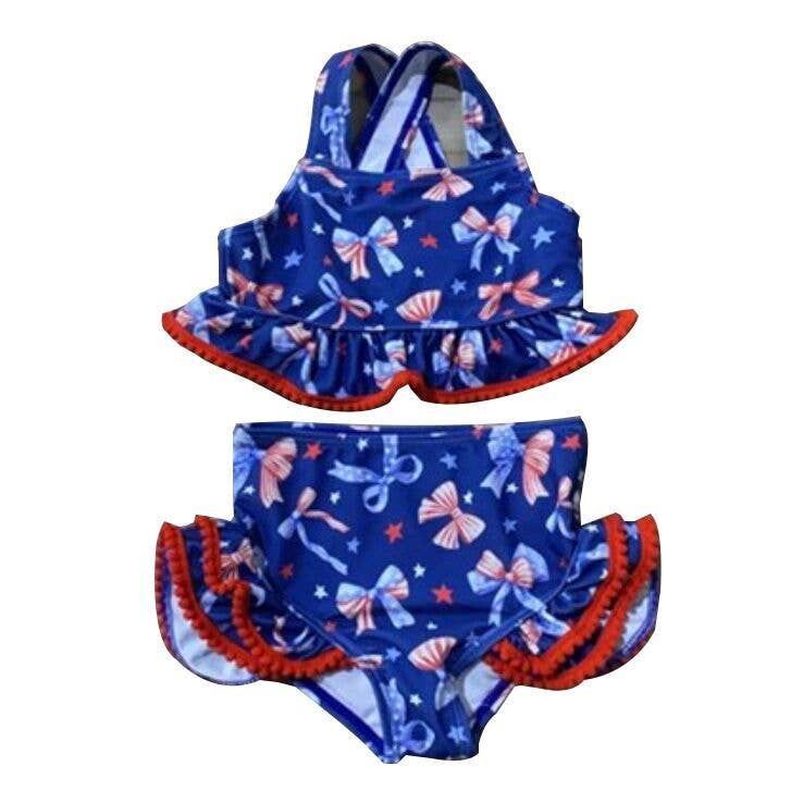 The Hair Bow Company - Navy Patriotic Bow Print Two-Piece Swimsuit | Baby Girls Ruffle Swim Set