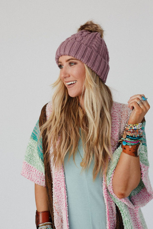 Three Bird Nest - Cable Knit Faux Fur Pom Beanie - Mauve