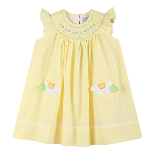 Lil Cactus - Yellow Daisy Pocketed Smocked Bishop Dress