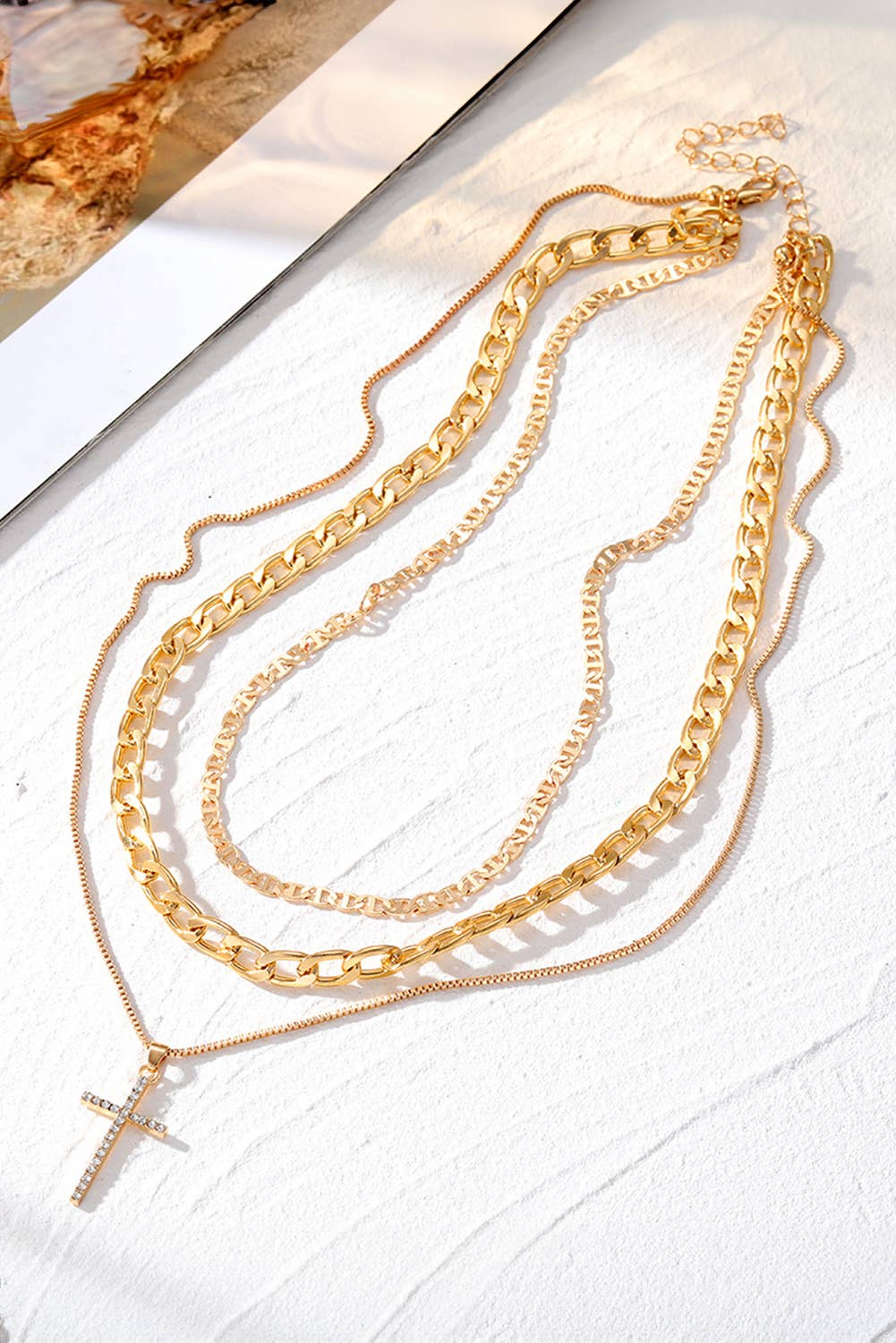 1 the Woman - Plated Cross Pendant Multi Layer Stacked Chains Necklace