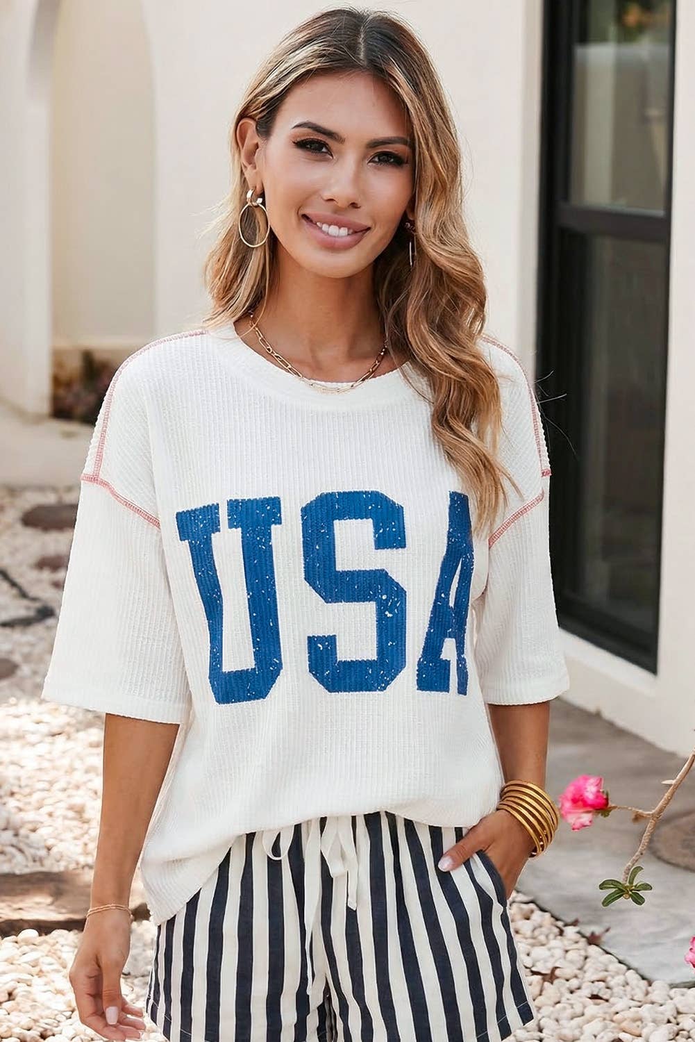 Little Daisy Closet - LDC 4th of July USA Graphic Half Sleeve Ribbed Top | S-4X