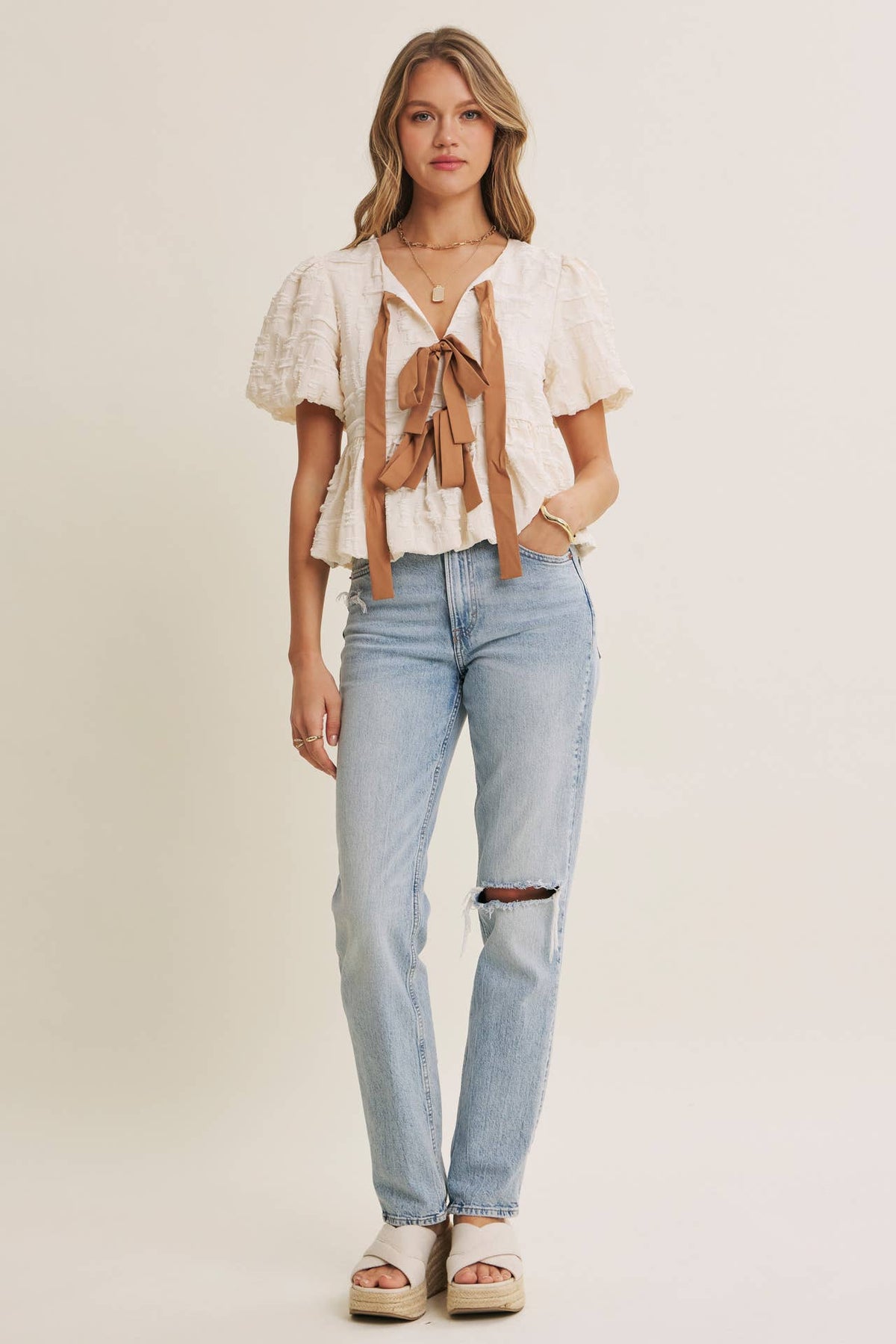 in february - BESTSELLER ROMANTIC TEXTURED CONTRAST BOW PEPLUM BLOUSE
