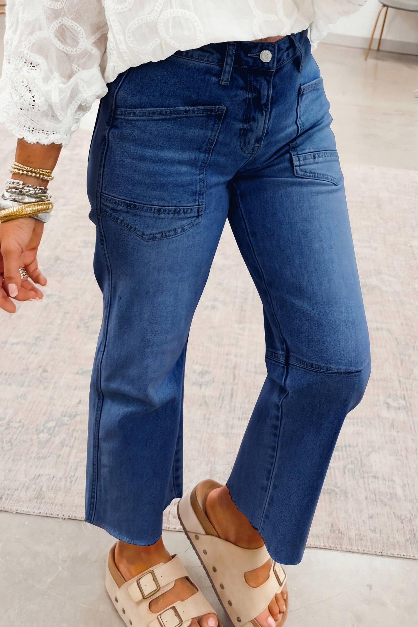 1 the Woman - Solid Frayed Regular Cropped Light Wash Jeans