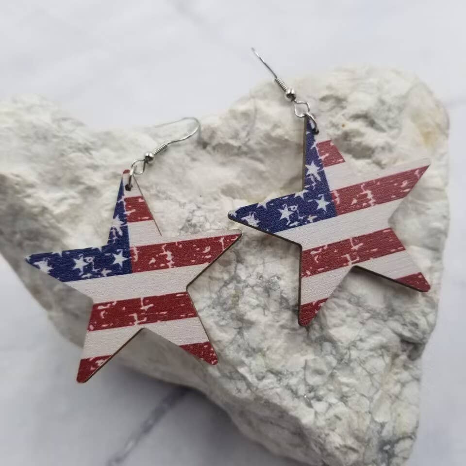 The Pretty Jewellery - Wood Patriotic Stars Earrings