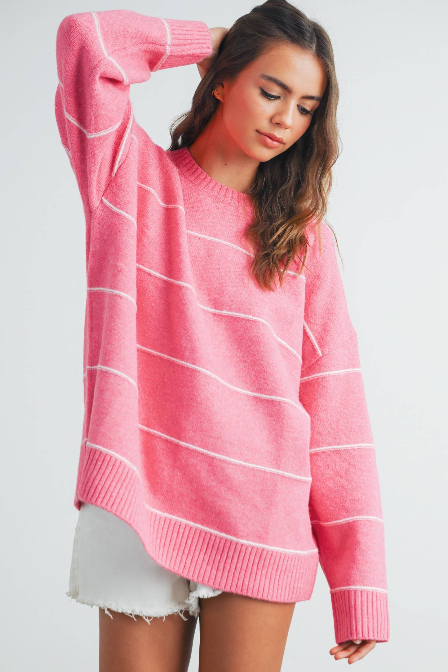BUTTERMELON - Striped Pattern Drop Shoulder Sweater - BMW7421