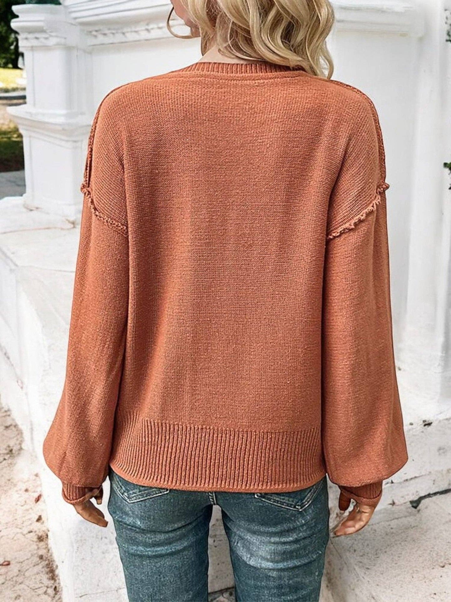 Anna Kaci Wholesale - Women's V-Neck Long Sleeve Pullover Sweater with Raw Edge