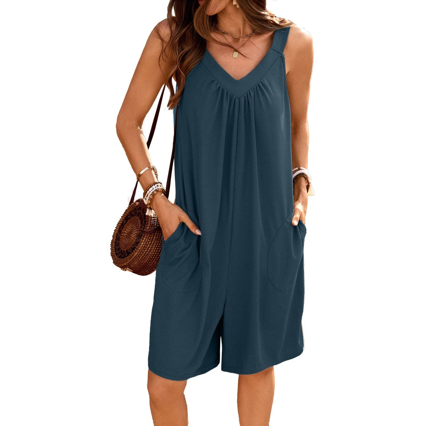 Lovesoft - Loose Fit V-Neck Sleeveless Romper with Pockets