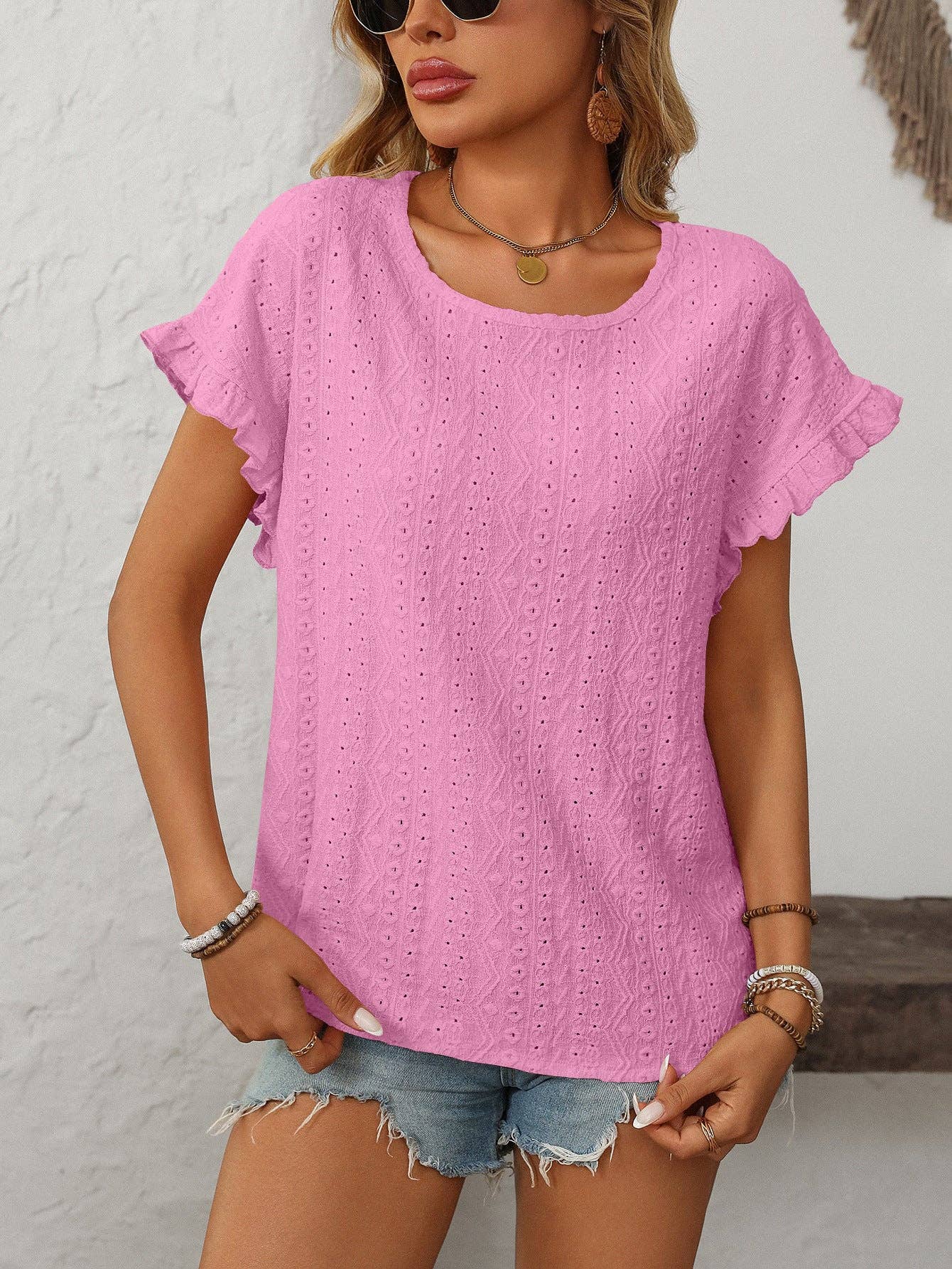 Lovesoft - Solid Color Crewneck Sweet Short-Sleeve Hollow-Out Top
