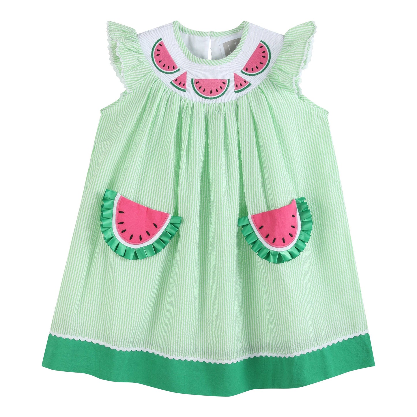Lil Cactus - Green Seersucker Watermelon Smocked Bishop Dress