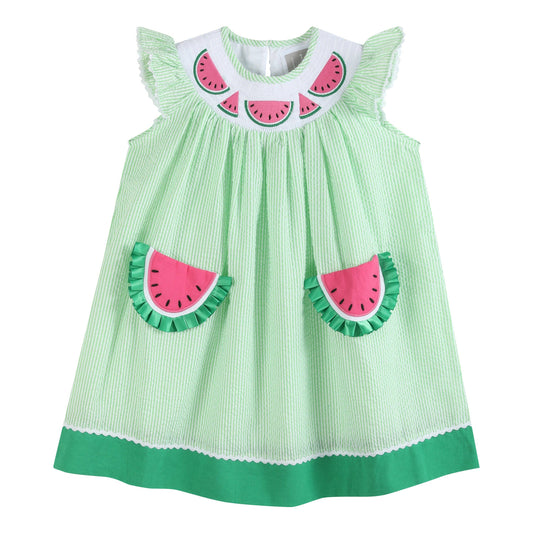 Lil Cactus - Green Seersucker Watermelon Smocked Bishop Dress