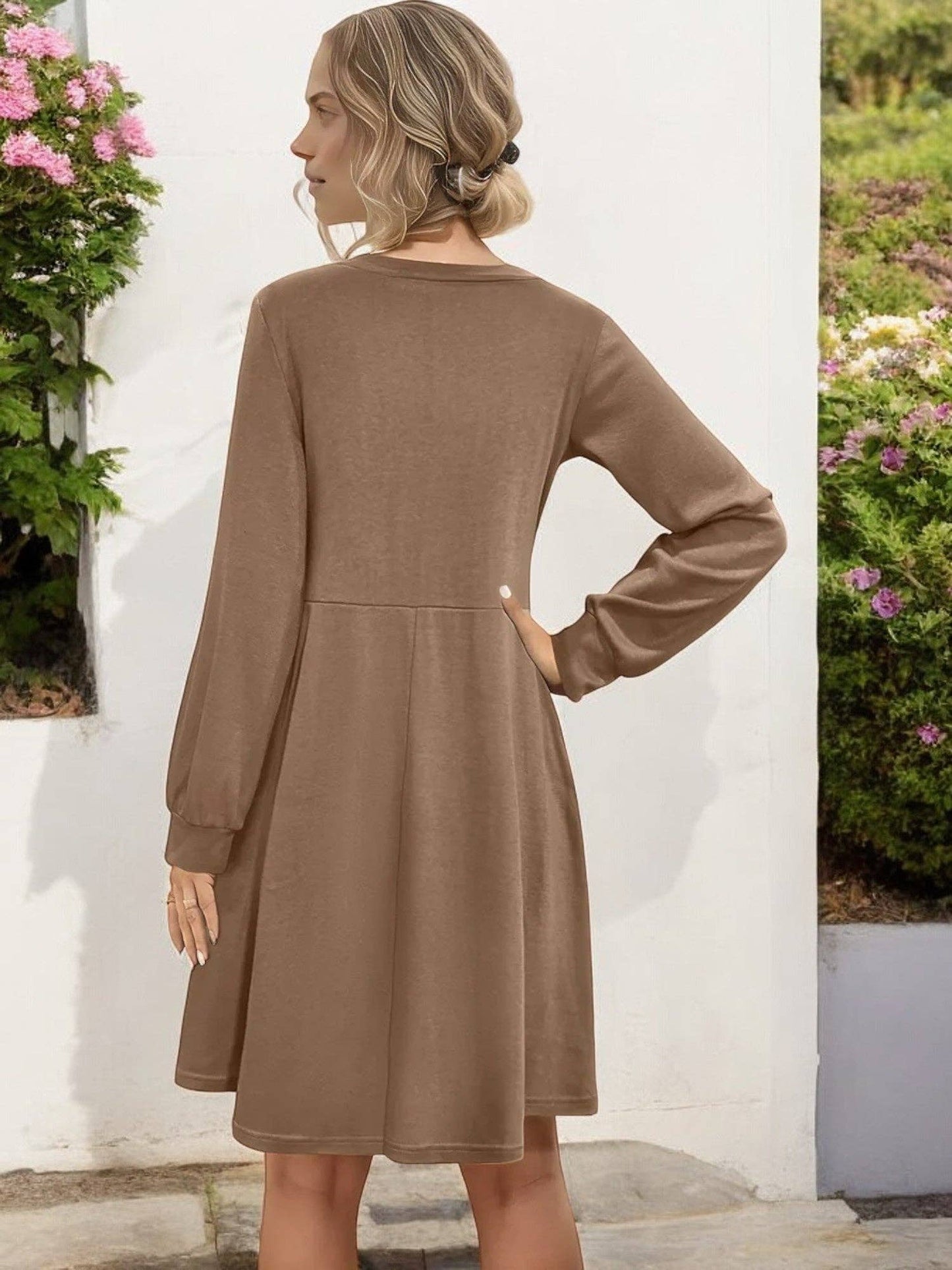 Anna Kaci Wholesale - V-Neck Long Sleeve Button Front Dress with Pockets