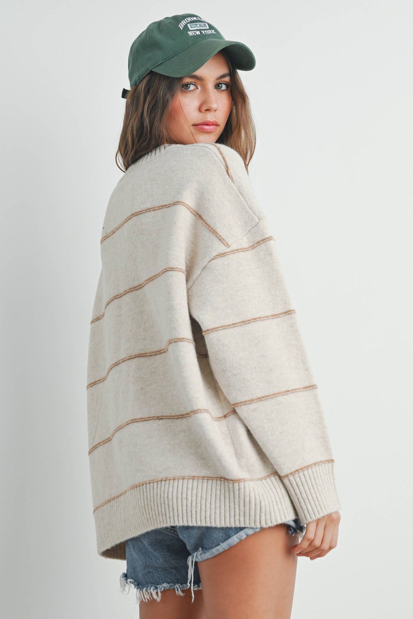 BUTTERMELON - Striped Pattern Drop Shoulder Sweater - BMW7421