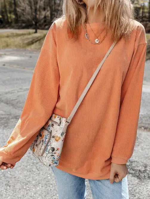 Lovesoft - Orange Long Sleeve Ribbed Corded Oversized Sweatshirt