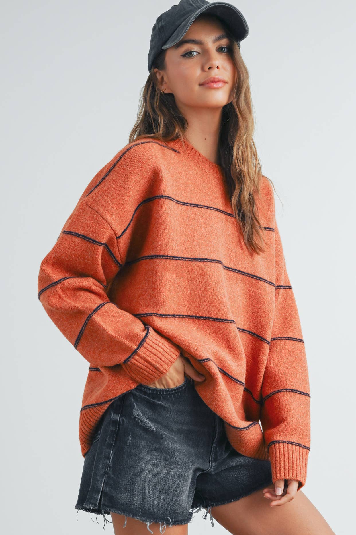 BUTTERMELON - Striped Pattern Drop Shoulder Sweater - BMW7421
